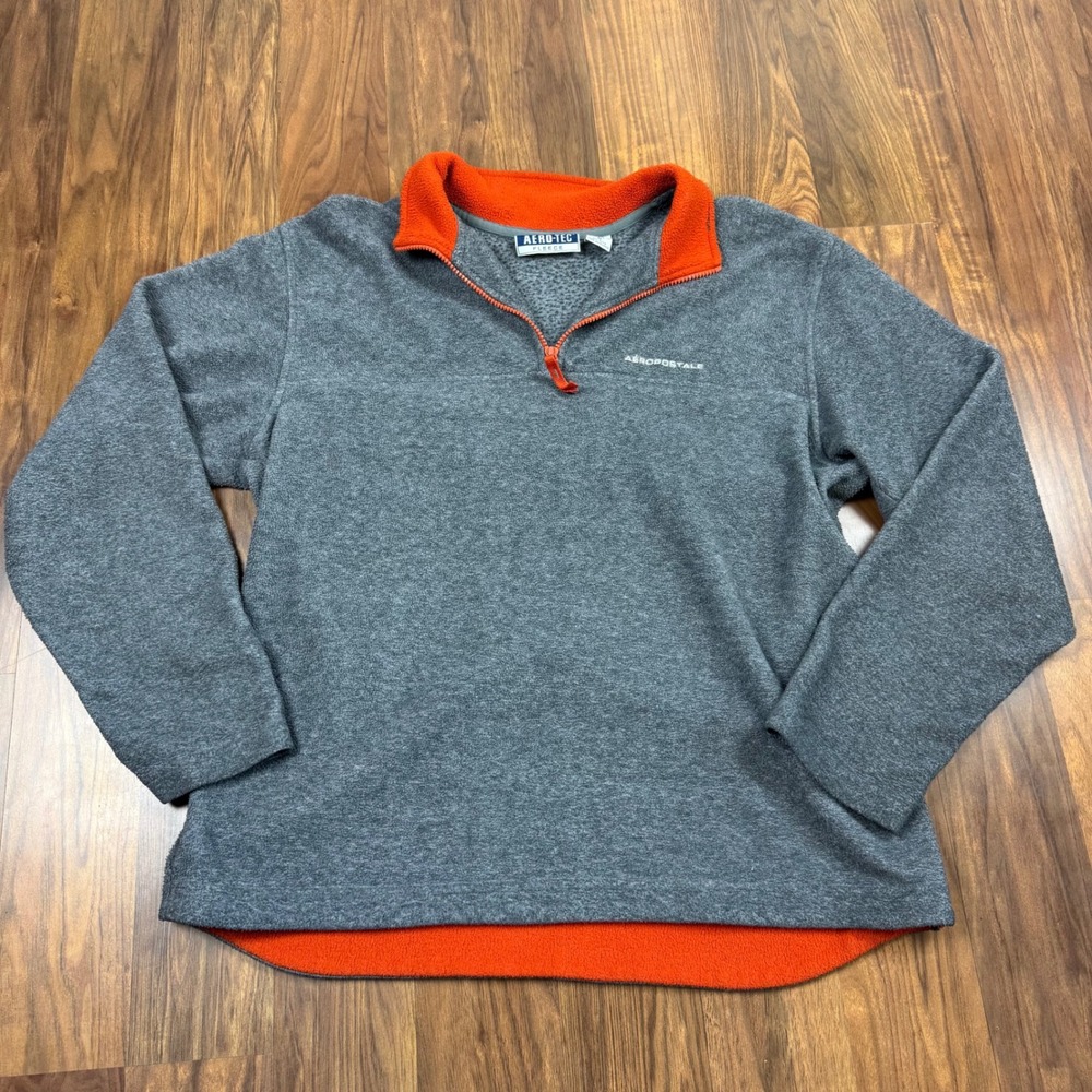 Aeropostale Y2K Aero-Tec Fleece Quarter Zip Pullover Grey Orange Mens Medium